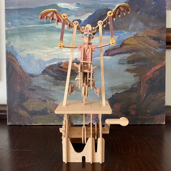 Flying Man Automata Mechanical Flying Man Sculpture Hand Crank Wood Kinetic Sculpture Man on Flying Contraption Automaton Kids Room Decor
