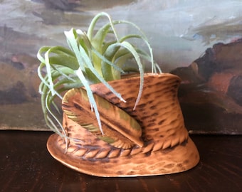 Vintage Hand Painted Fedora Hat Planter Vintage Fedora Planter Mid Century Hat Planter Vintage Fedora Vase Vintage Hat with Feather Planter