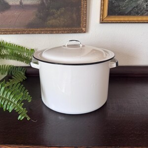 Vintage White Enamelware Stock Pot with Black Trim