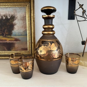 Vintage Bohemian Czech Glass 5-Piece Decanter Set Vintage Bohemian Czech Brown & Gold Gilt Glass Decanter Set Vintage Czech Decanter Set
