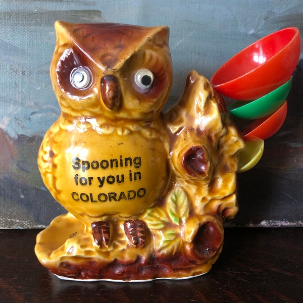 Vintage Owl Measuring Spoon Holder Set Vintage Colorado Owl Souvenir Spoon Ring Holder Vintage Spooning for You Kitchen Decor Vintage Owl