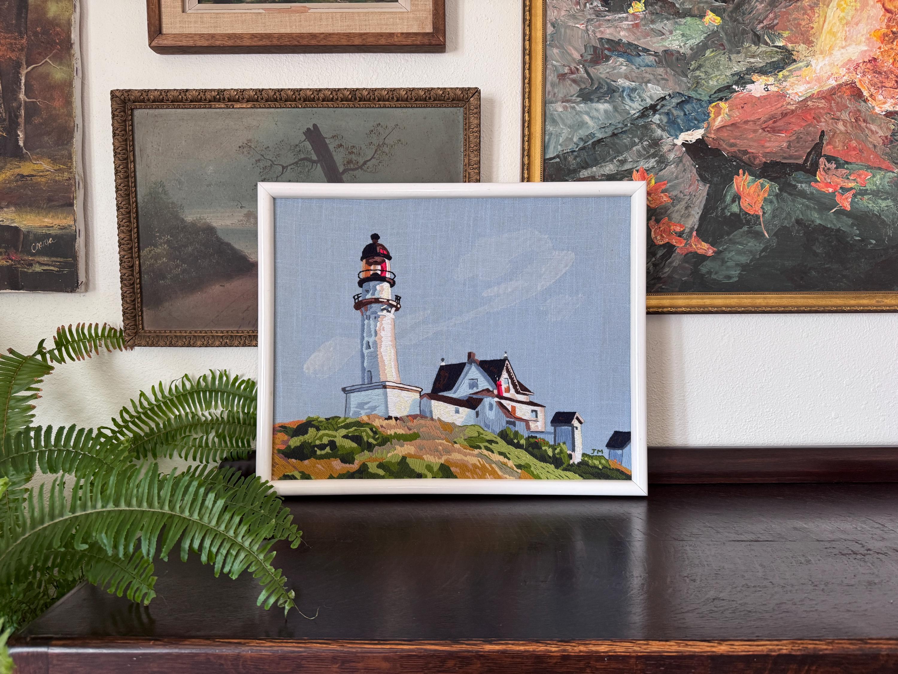 Vintage "Lighthouse at Two Lights" by Edward Hopper Crewel Embroidery Framed