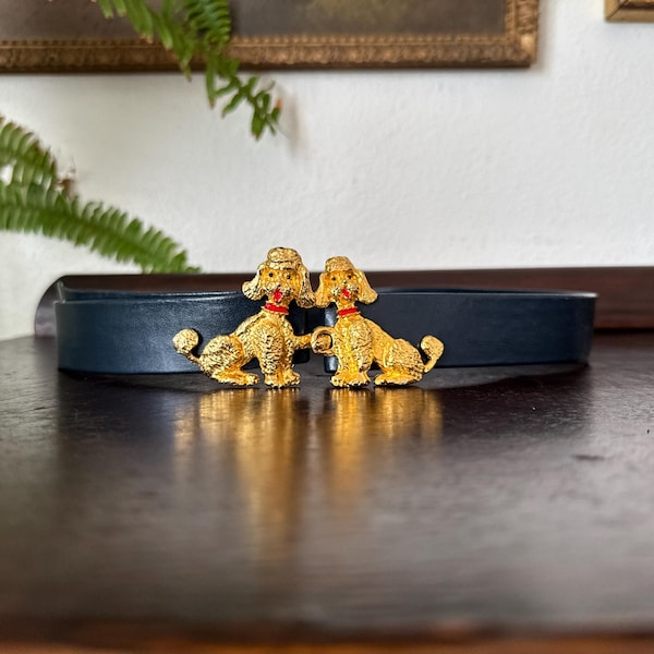 Vintage Mimi Di N Gold Twin Poodle Belt Buckle with Adjustable Pleather Belt