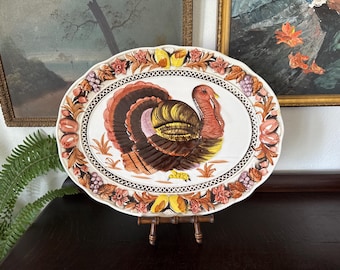 Vintage Hand-Painted Embossed Thanksgiving Turkey Platter
