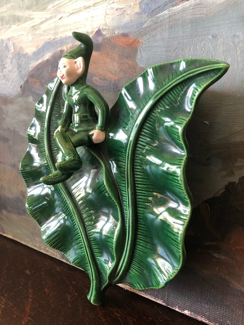 Vintage Green California Pixie Elf Wall Vase Vintage Hand Painted Pixie Elf Wall Pocket Vintage 1950/'s Pixie Elf on Leaf Planter Vintage Elf