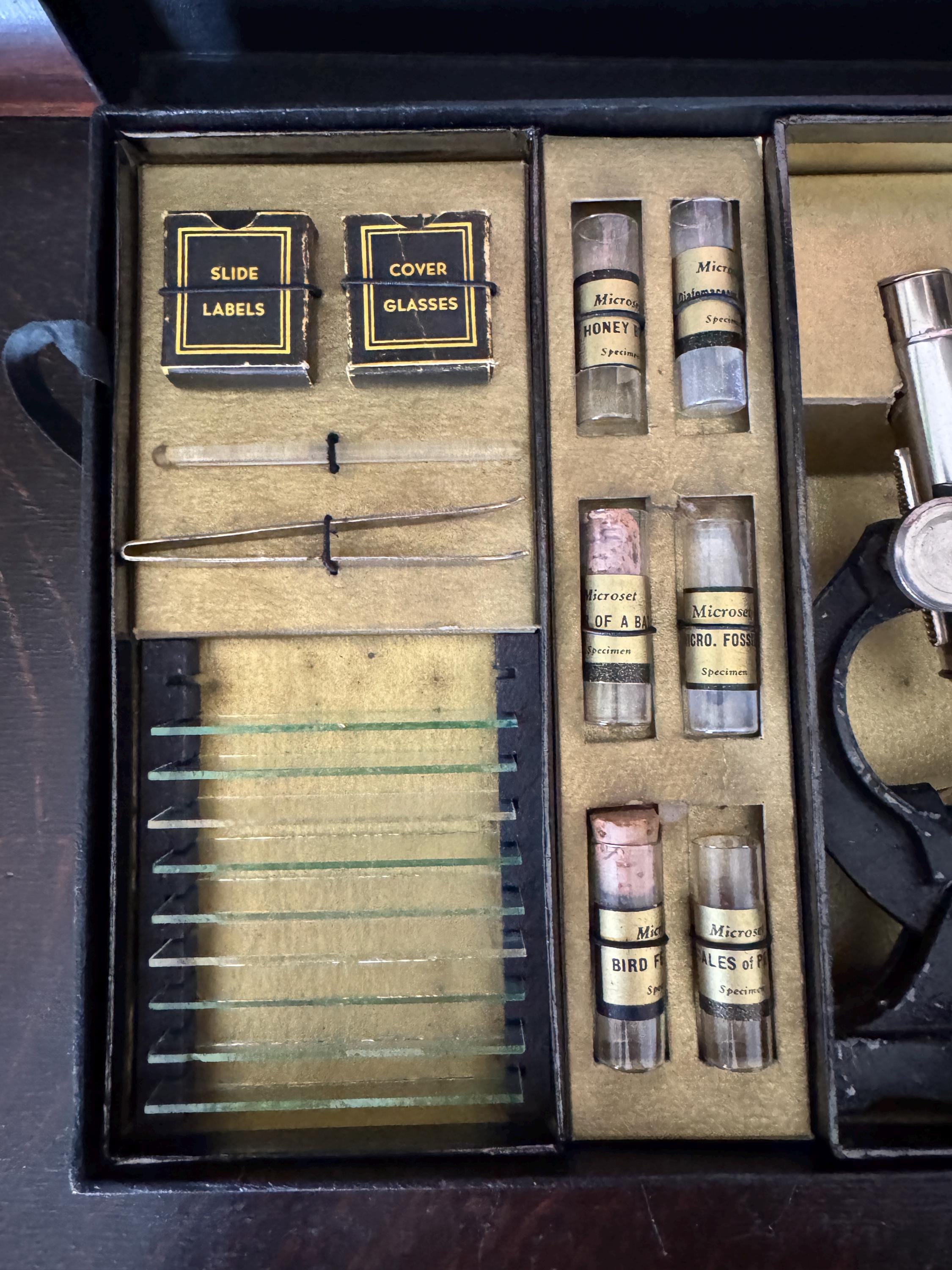 Vintage 40s-50s Microset Model 3X Microscope Kit in Original Case