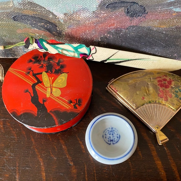 Vintage Asian Collection Vintage Asian Fan Mirror Compact Vintage Asian Celluloid Bookmark Vintage Typewriter Tin Vintage Asian Pinch Bowl