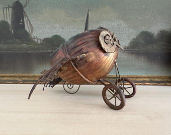 Mid-20th Century Copper and Metal Brutalist Steampunk Owl Plane Sculpture