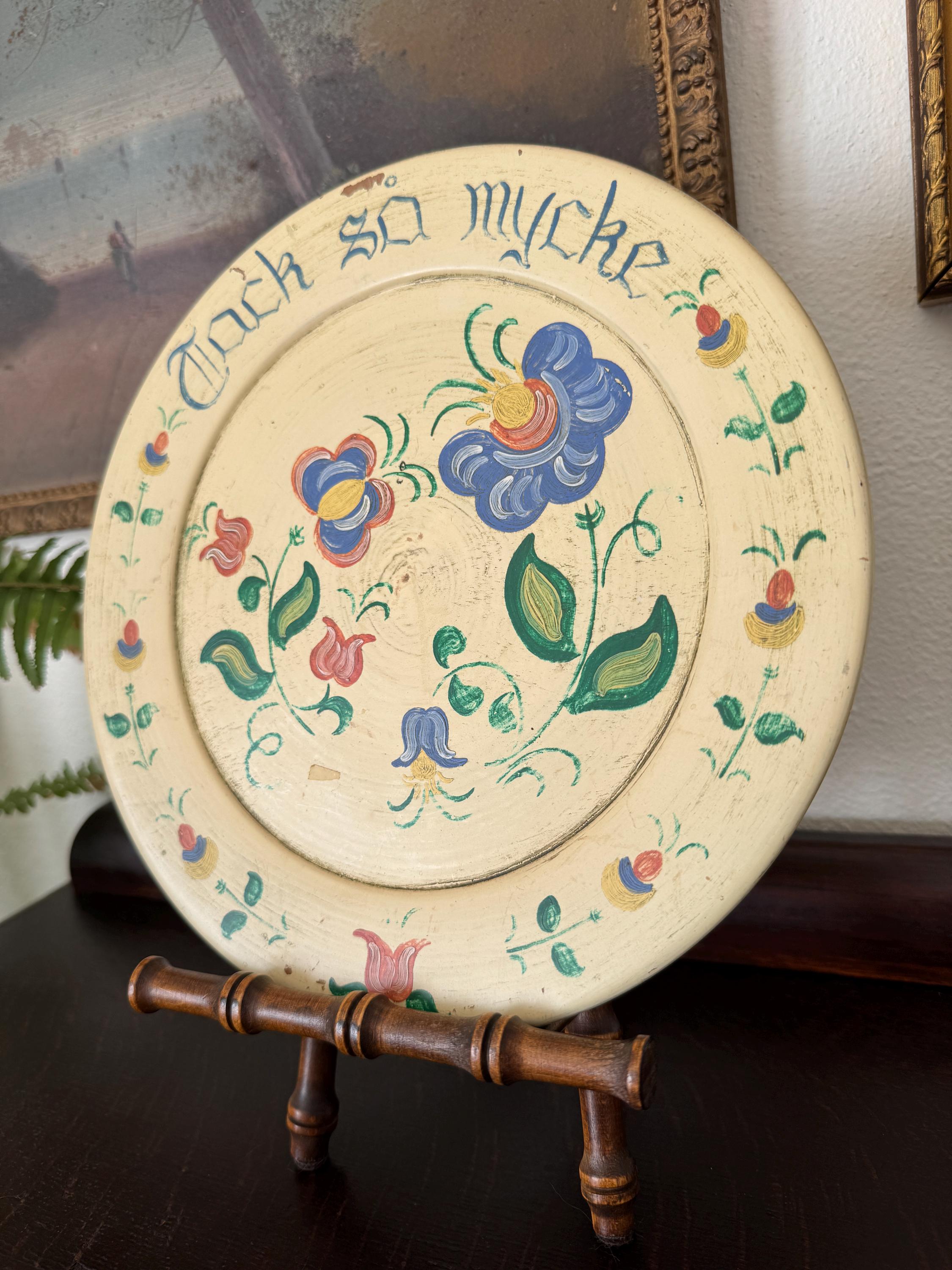 Vintage Audrey Berggren Hand-painted Lathed Wooden Charger Signed