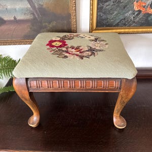 Vintage French Floral Needlepoint Foot Stool Vintage Wood Floral Needlepoint Tapestry Footstool Vintage Victorian Cabriole Legged Footstool