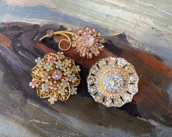 Vintage Rhinestone Floral Gold Tone Brooch Pin Set of 3