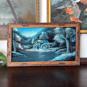 Vintage Evening Landscape Velvet Painting Vintage Velvet Artwork Vintage Mill Cabin Painting on Velvet Vintage Mid Century Velvet Art