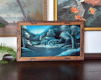 Mid-Century Evening Landscape Black Velvet Painting Framed