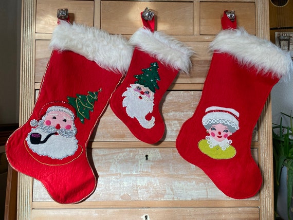 3 Vintage Bucilla Felt Applique Christmas Stockings Vintage