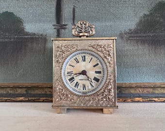 Vintage Ornate German Carriage Boudoir Desk Clock, Mother of Pearl Face