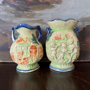2 Vintage Majolica Cherub Bud Vases Vintage Japanese Majolica Vases Vintage High Relief Pottery Vases Vintage Japanese Raised Relief Vases