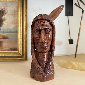 Vintage Folk Art Indian Chief Bust Vintage Whittled Wood Bust Vintage Carved Wood Sculpture Vintage Hand Carved Wood Indian Chief Sculpture