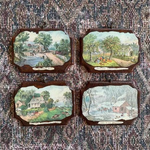 4 Vintage Currier & Ives 4 Season Decoupaged Art Vintage American Homestead Summer Vintage Roadside Mill Vintage American Homestead Autumn