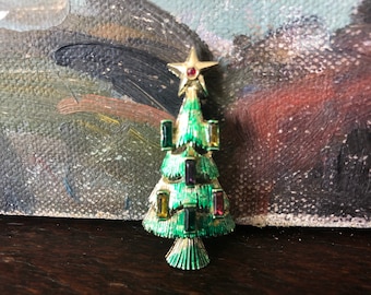 Vintage Baguette Rhinestone Candles Christmas Tree Brooch Vintage Rhinestone Baguette Christmas Tree Pin Vintage Christmas Tree Brooch