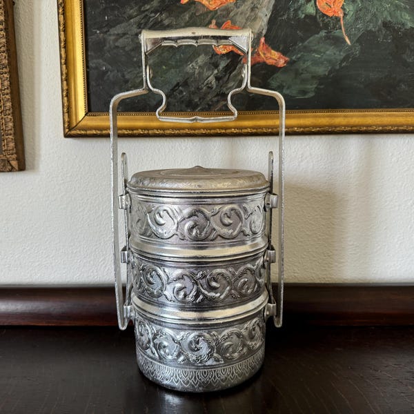Vintage Aluminum Embossed Dabba Indian Tiffin Food Container Carrier