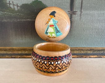 Vintage Romanian Folk Art Pyrography Wooden Lidded Trinket Box, Hand-Painted