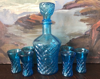 Vintage 8-Piece Blue Glass Decanter Set Vintage Glass Decanter with 6 Glasses Vintage English Decanter Vintage Blue Decanter Vintage Barware