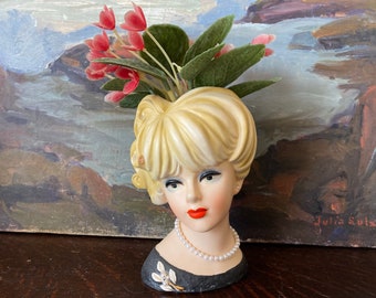 Vintage Glamour Girl with Flower Fascinator Vintage Lady Head Vase Makeup Holder Vintage Lady Head Planter Vase Vintage Pin Up Girl Vase