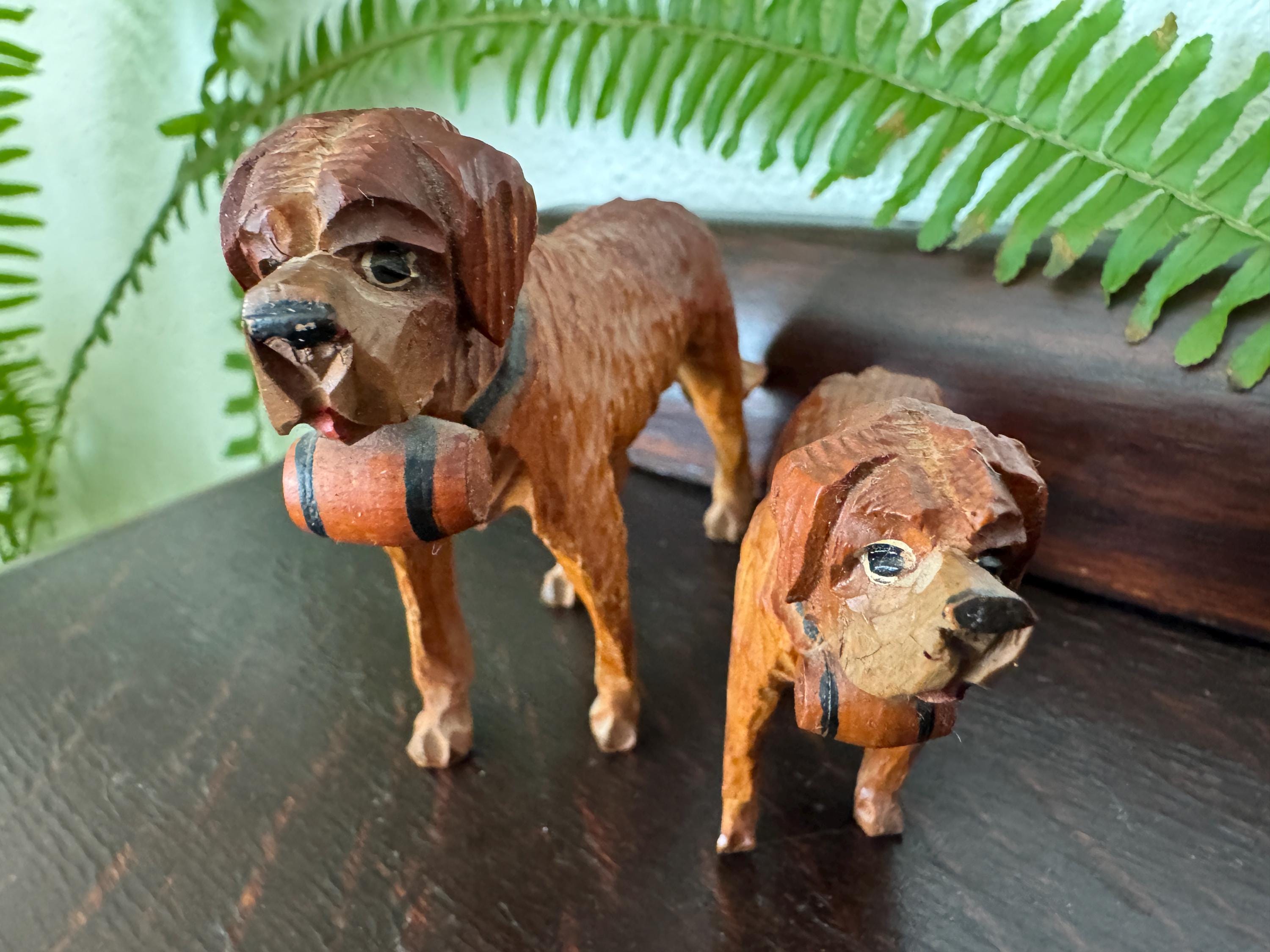 Vintage Folk Art Hand-carved Wooden Saint Bernard With Barrel Pair