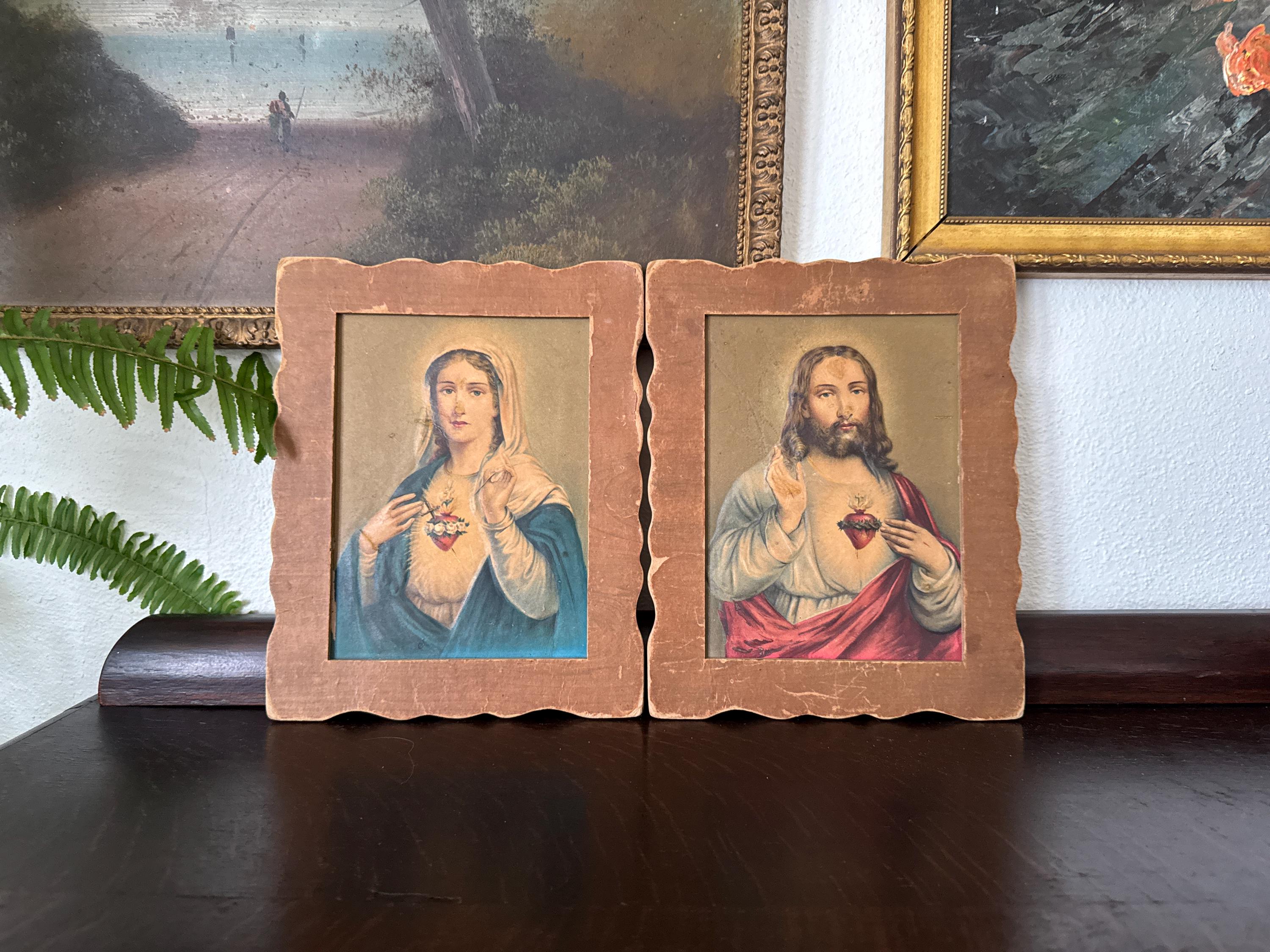 Antique Sacred Heart of Jesus + Immaculate Heart of Mary Raised Relief ...