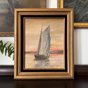 Vintage Mid-20th Century &quot;Sailboat in the Sunset&quot; Oil Painting Vintage Sailboat Painting Vintage Boat Painting Vintage Nautical Painting