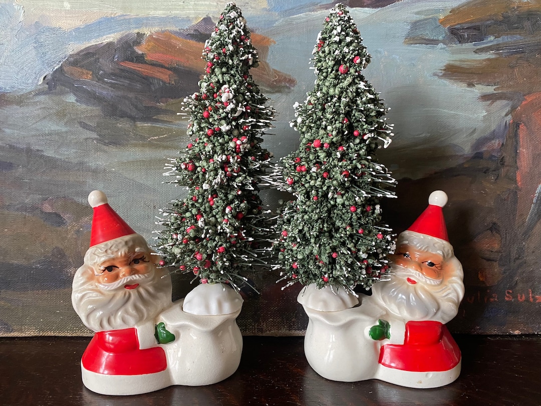 Vintage Mid Century Santa Candle Holders Vintage Frosted Christmas