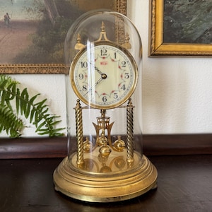 Vintage Kieninger & Obergfell Anniversary Clock with Glass Dome and Key Vintage West German Glass Dome Anniversary Clock Vintage Clock