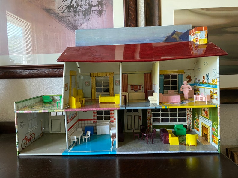 Vintage Marx Tin Litho Dollhouse With Dollhouse Furniture Etsy