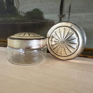 2 Vintage Art Deco Floral Etched Glass Vanity Powder Jars with Embossed Metal Lids Vintage Powder Jar Vintage Dresser Jar Vintage Vanity Jar