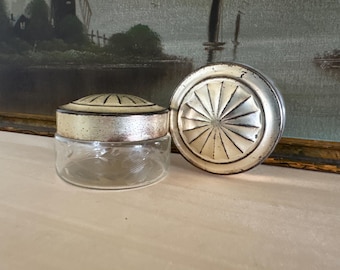 Vintage Art Deco Floral Etched Glass Vanity Powder Jar with Embossed Metal Lid Set