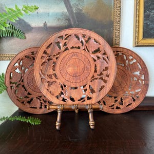 FINAL SALE - 3 Vintage Hand Carved Wooden Plates Vintage Carved Wood Plate Set of 3 Vintage Handmade Plate Set Vintage Carved Wood Chargers
