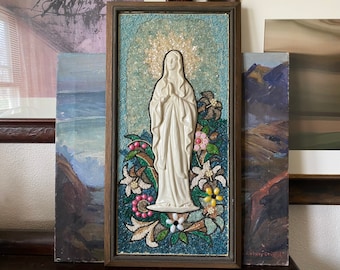 Vintage Mid Century Gravel Wall Art Vintage Virgin Mary Art Vintage 1960s Gravel Art Vintage Pebble Gravel Wall Art Vintage Catholic Art