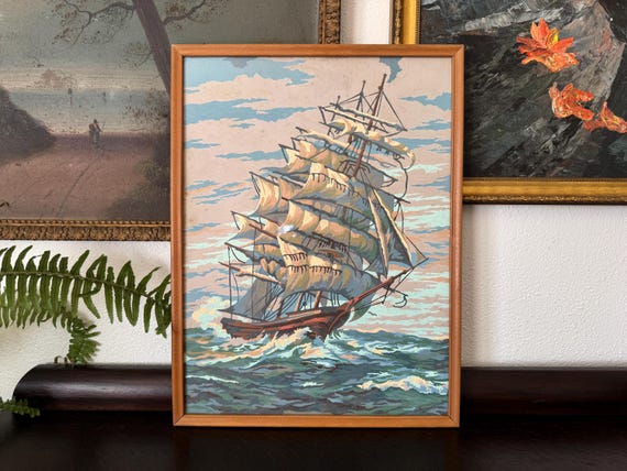 Mid-Century "Ship at Sea" Paint-by-Number Painting Framed