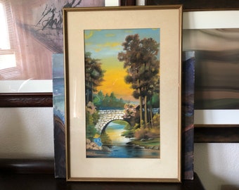 Vintage Pastel "Boy Fishing Under Bridge" Framed Wall Art Vintage Pastel Landscape Vintage Oil Pastel Landscape Vintage Original Painting