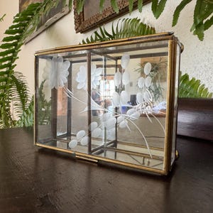 Vintage Window Jewelry Box Vintage Brass and Etched Glass Mirrored Jewelry Box Vintage Lidded Jewelry Trinket Display Box w/ Mirror Bottom