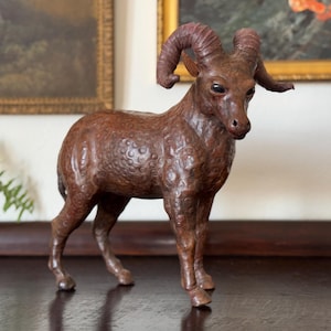 Vintage Tooled Leather Ram Sculpture Vintage Leather-Wrapped Ram Figurine Vintage Bighorn Ram Vintage Leather Animal Vintage Sculpture