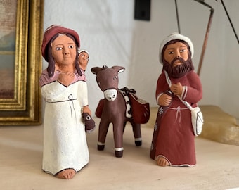 Vintage Peruvian Folk Art Terra Cotta Family with Donkey