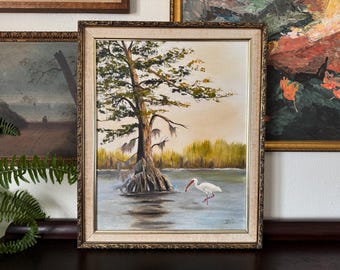 Mid-20th Century "Ibis with Cypress Tree" Florida Highwaymen-Style Landscape Painting Framed