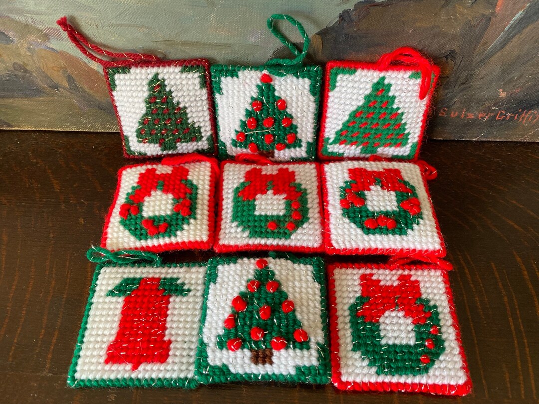 Vintage Needlepoint Christmas Ornaments Set of 9 Vintage Needlepoint