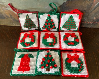 Vintage Needlepoint Christmas Ornaments Set of 9 Vintage Needlepoint Plastic Canvas Christmas Ornaments Vintage Christmas Needlepoint Set