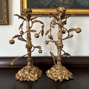 2 Antique French Brass Candlestick Holders Antique Brass Blueberry Candlestick Holder Pair Antique French Candle Holders Antique Decor