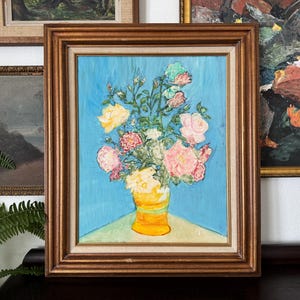 Vintage &quot;Vase of Flowers&quot; Impasto Oil Palette Knife Painting Vintage Van Gogh Style Vintage Kitchen Still Life Painting Vintage Floral Art