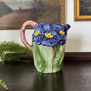 Mid-Century Italian Majolica Iris Pitcher Vase Ewer, Hand-Painted
