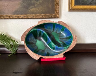 Mid-Century Scalloped Drip Glaze Pottery Divided Bowl