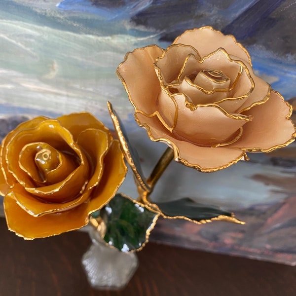 Vintage Original 24k Gold Dipped Rose Pair Vintage Genuine Roses Preserved in 24k Gold Vintage Yellow and Lemon White Roses Vintage Roses